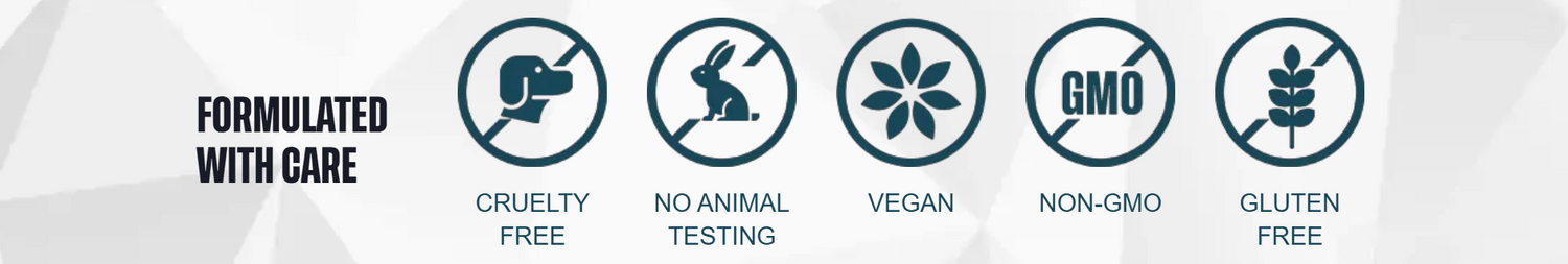 Formulés avec soin — sans cruauté, sans test animal, végan, sans OGM, sans gluten
