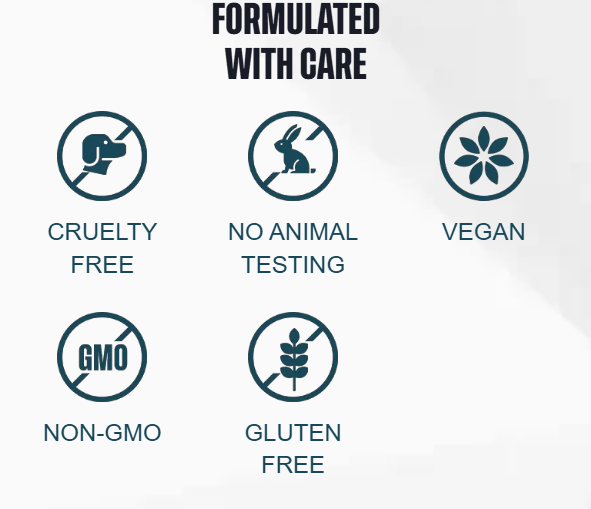 Formulés avec soin — sans cruauté, sans test animal, végan, sans OGM, sans gluten
