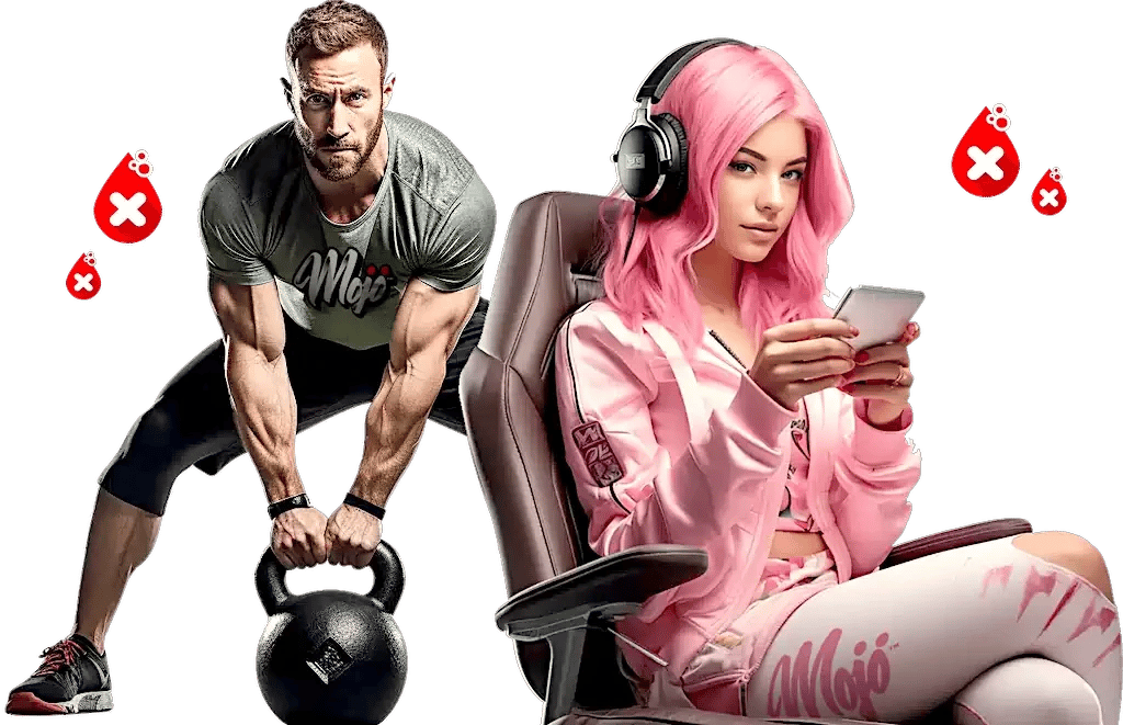 Homme soulevant un kettlebell à côté d'une fille gamer en survêtement Mojo