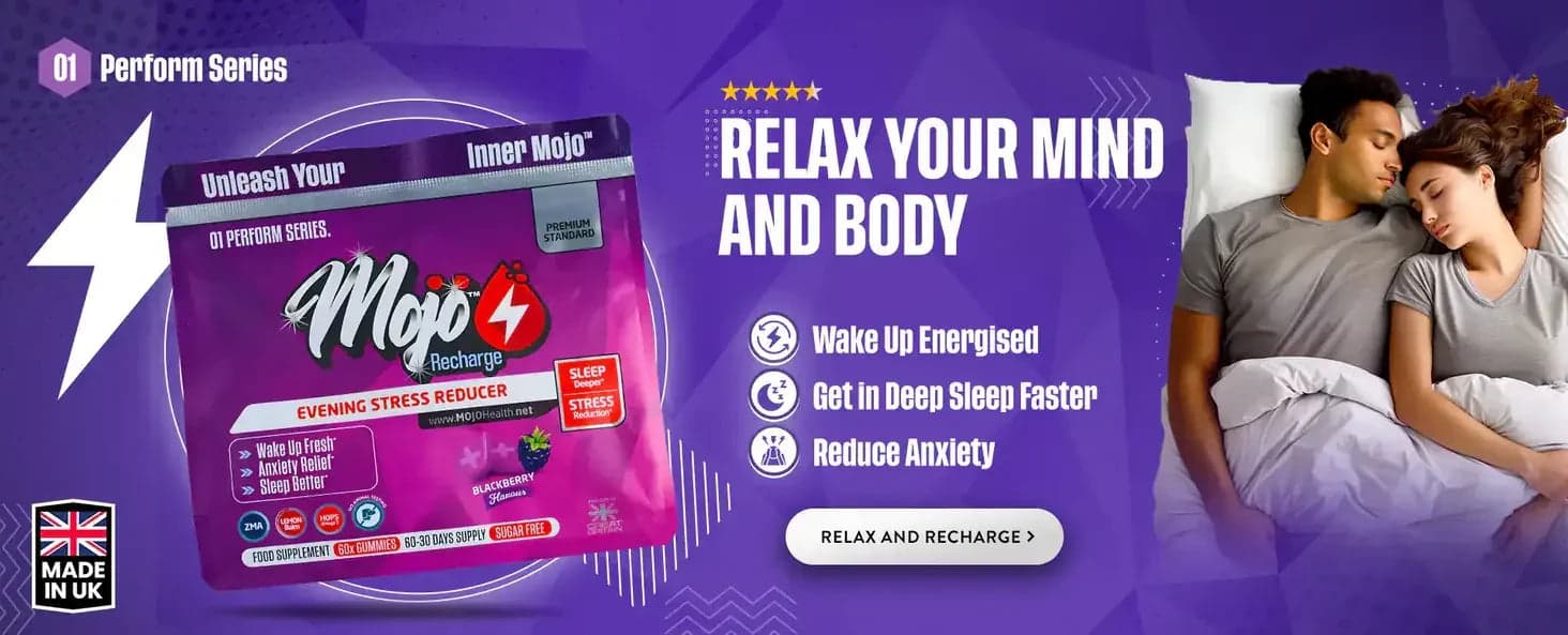 Mojo Recharge — réducteur de stress en soirée pour relaxer l'esprit et le corps : s'endormir en meilleure forme, entrer dans un sommeil profond plus rapidement, réduire l'anxiété. Détendez-vous et rechargez-vous.
