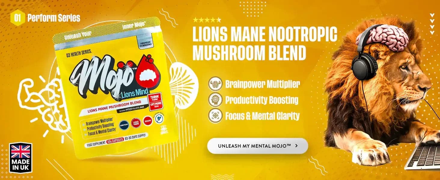 Mojo Lions Mind — mélange de champignons nootropes crinière de lion : multiplicateur de puissance cérébrale, boost de productivité, focus et clarté mentale. Libérez mon Mojo mental.