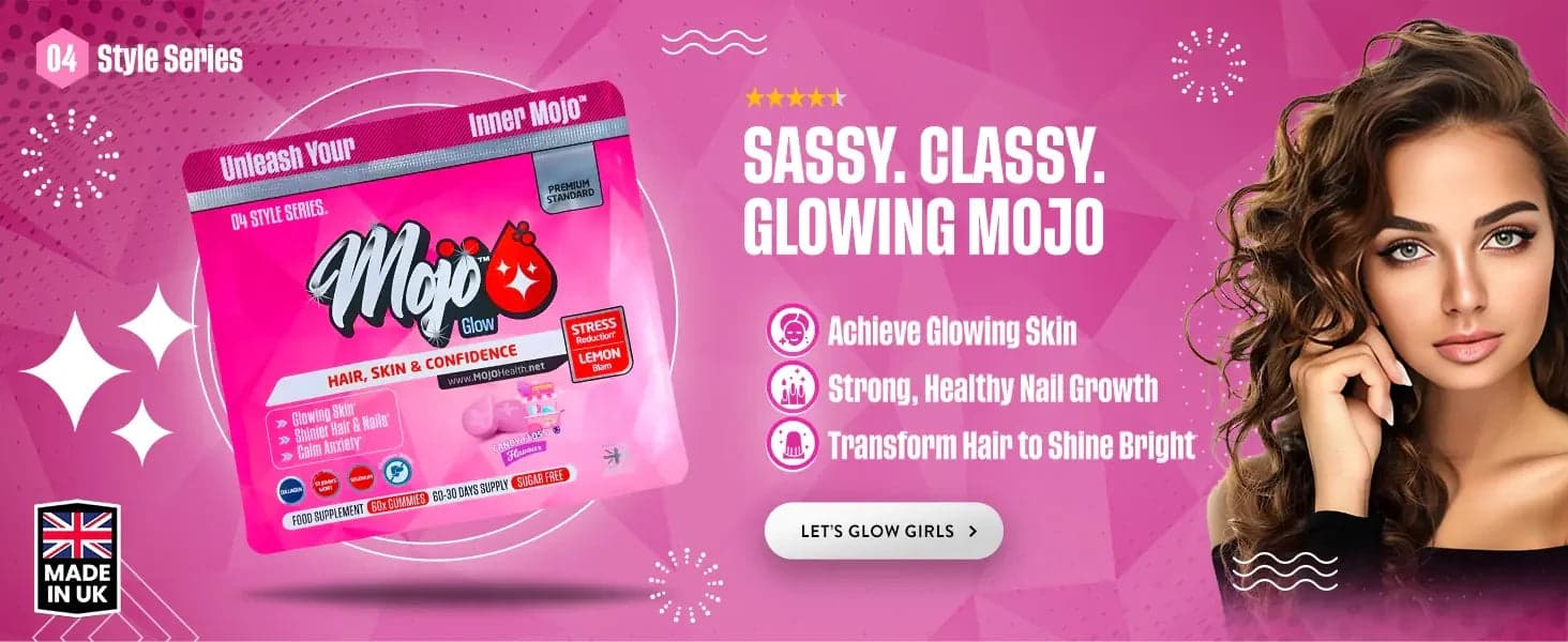 Mojo Glow cheveux, peau et confiance — chic, élégant, radieux Mojo : obtenez une peau éclatante, une croissance saine des ongles, transformez vos cheveux pour qu'ils brillent. Let's glow girls.